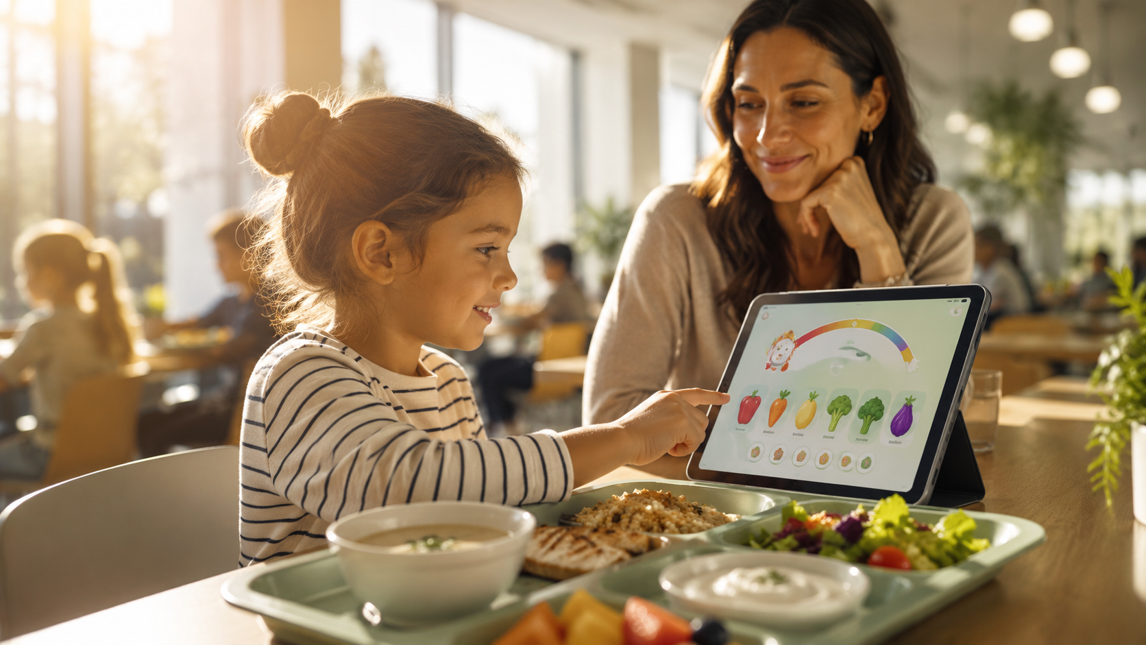 Okul yemekhanesinde öğrenci ve velinin NutriLife ekranını incelemesi